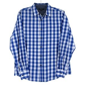 London Fog Men's Blue White Gingham Long Sleeve Button‎ Up Shirt Size L